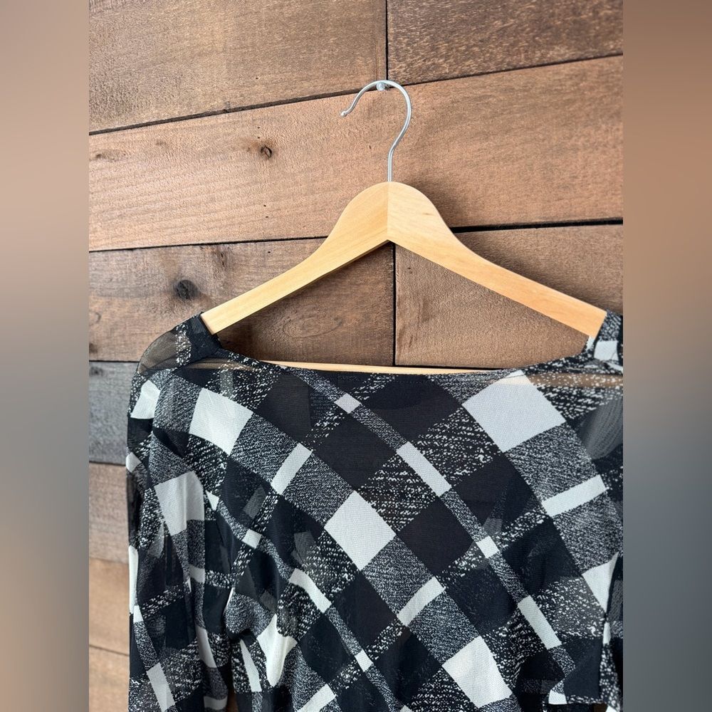 Y2K Sheer Plaid Wrap Top Bell Sleeve Tie Front 2000s - Picture 16 of 16